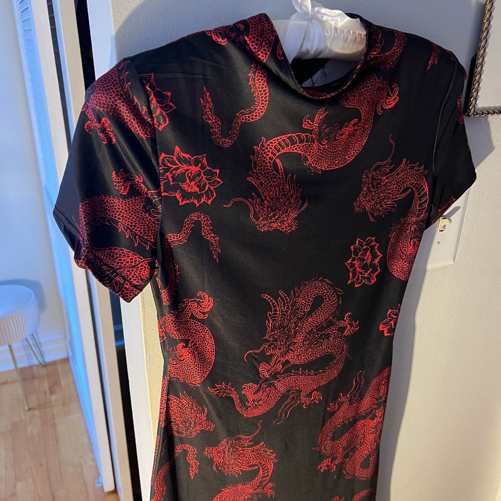 Y2K Chinese Cheongsam Dragon Print Qipao Mini Bodycon Dress Retro